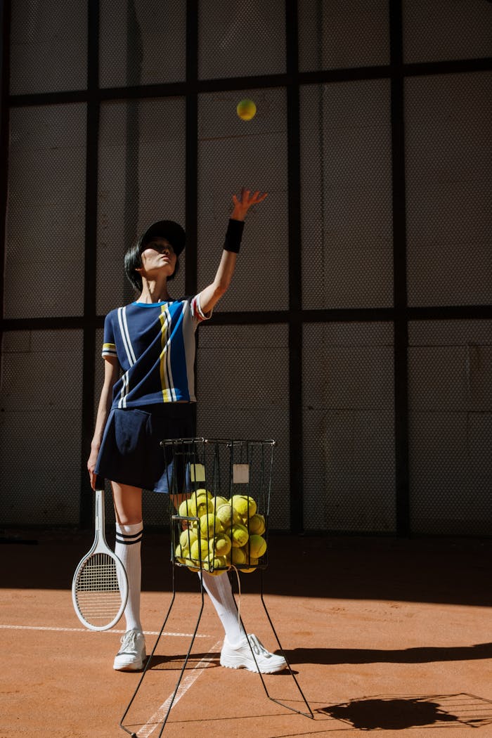 Woman in sportswear practicing tennis on an outdoor clay court with a basket full of balls.